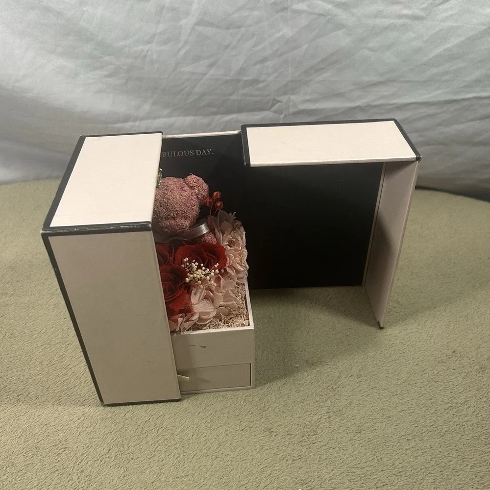 Rose Teddy Bear Jewelry Gift Box Drawer Red Roses Pink Bear Crown Decor